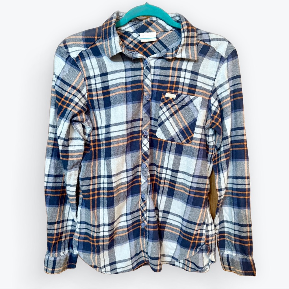 Columbia Women’s Blue and Orange Plaid Button-Up Shirt